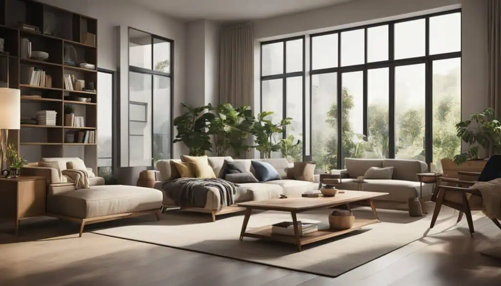 Spacious living room with large windows and modern furniture.
