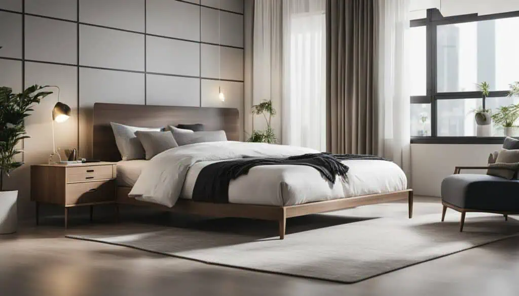 Elegant bedroom with contemporary design, neutral tones, and large windows.