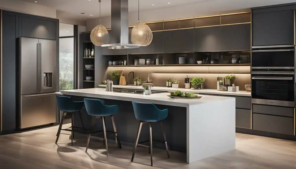 Modern kitchen with sleek dark cabinetry and a central island for cooking and dining.