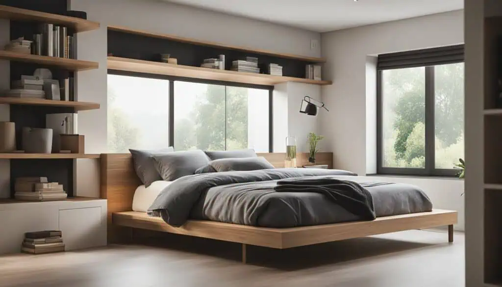 Elegant bedroom with large windows, natural light, and contemporary decor.