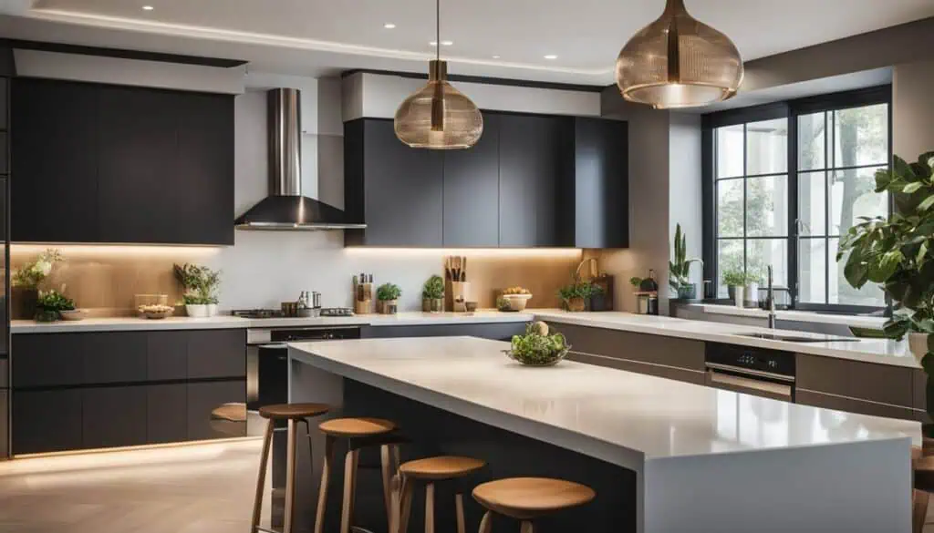 Contemporary black and white kitchen with island and pendant lights.