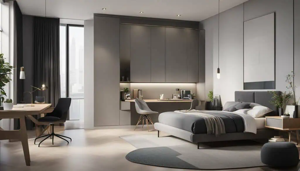 Elegant modern bedroom with gray tones, stylish decor, and ample natural lighting.