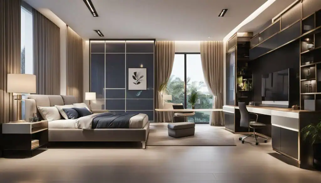 Spacious modern bedroom featuring a large window, elegant furniture, and contemporary decor for a lu.