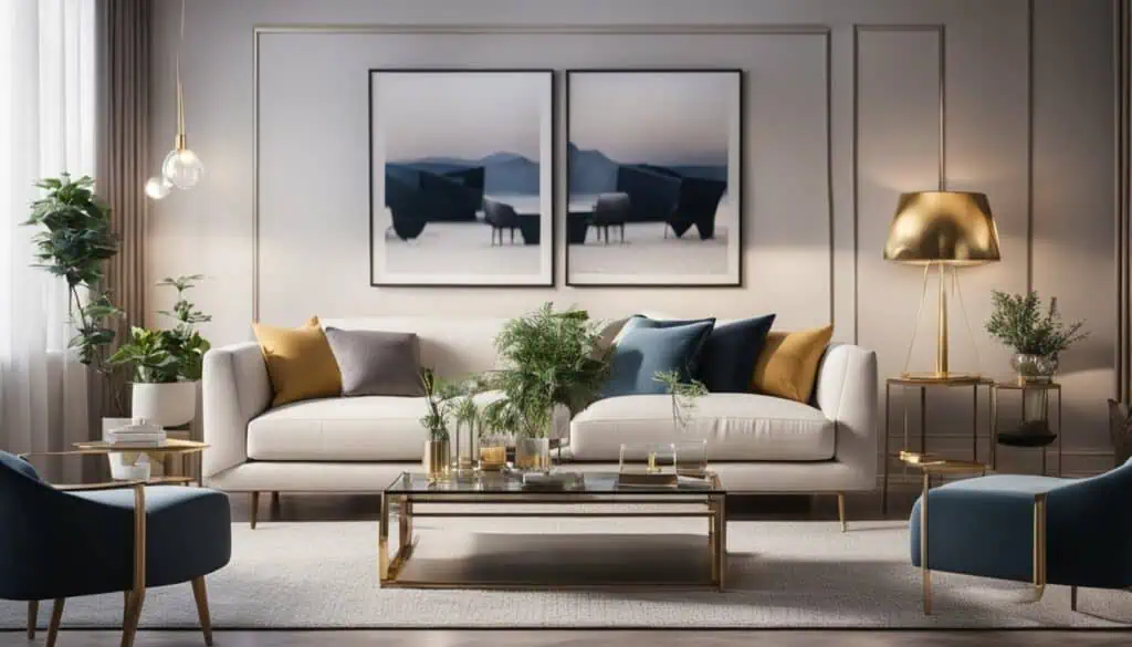 Stylish living room with contemporary furniture, artwork, and lush greenery for a cozy, modern ambia.