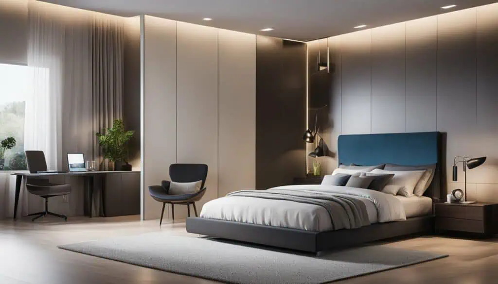 Modern bedroom with sleek design and minimalist decor.