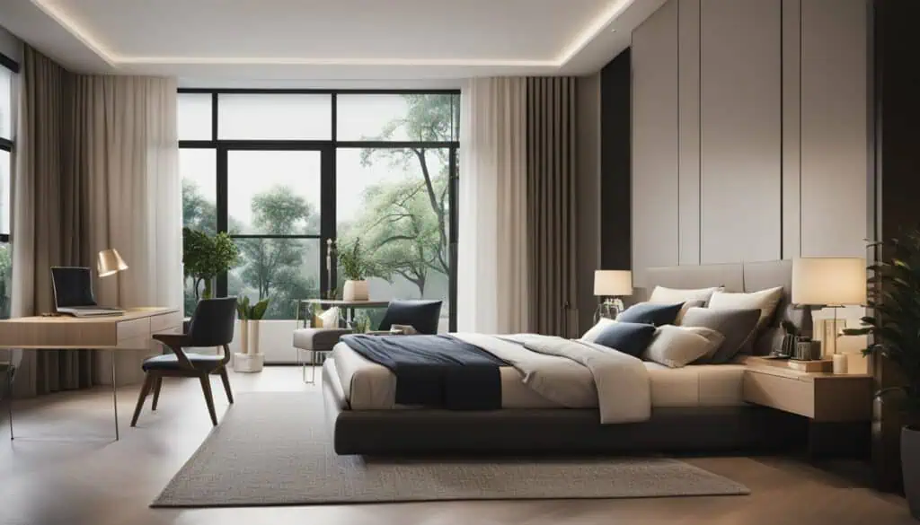 Spacious bedroom featuring a large window, modern furniture, and stylish decor for a luxurious livin.