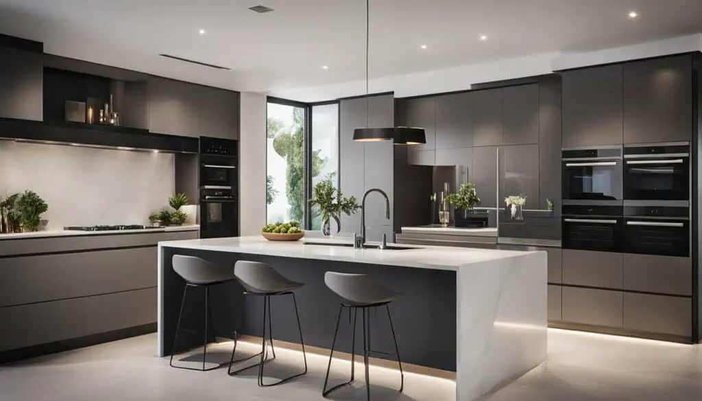 Modern gray kitchen with sleek island and three bar stools, featuring minimalist design and contempo.
