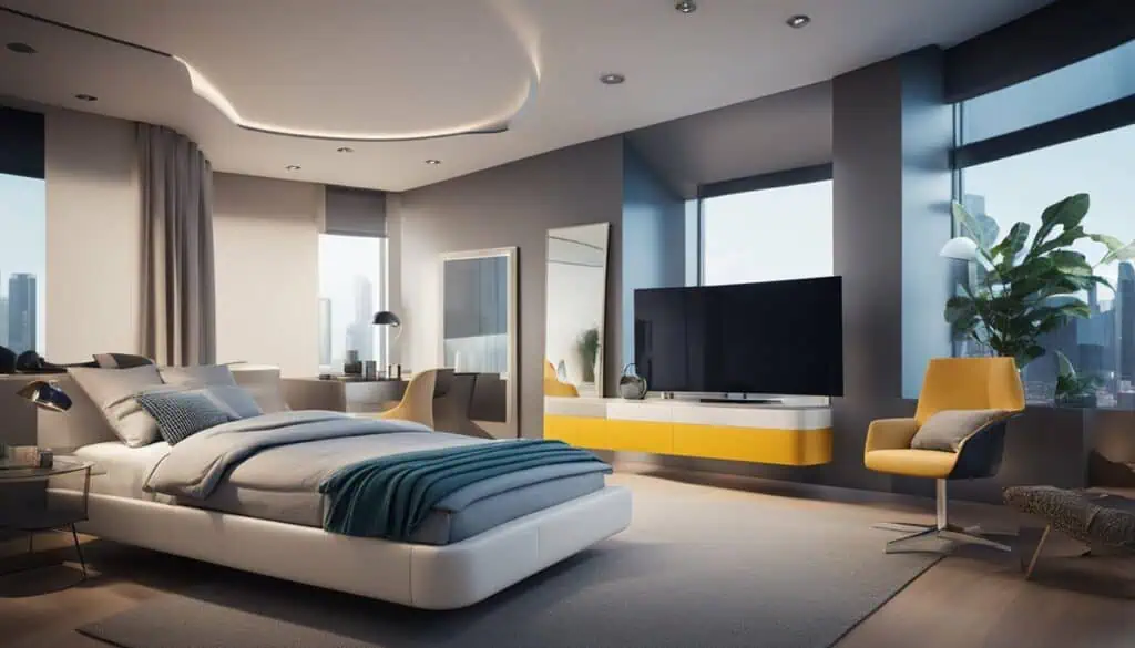 Elegant bedroom featuring large windows and cityscape views, stylish furniture, and contemporary dec.