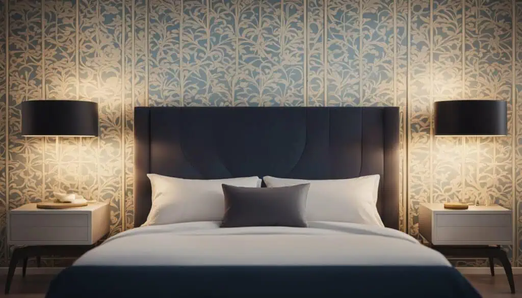 Stylish bedroom with modern decor, featuring a large bed, decorative pillows, and ambient lighting.