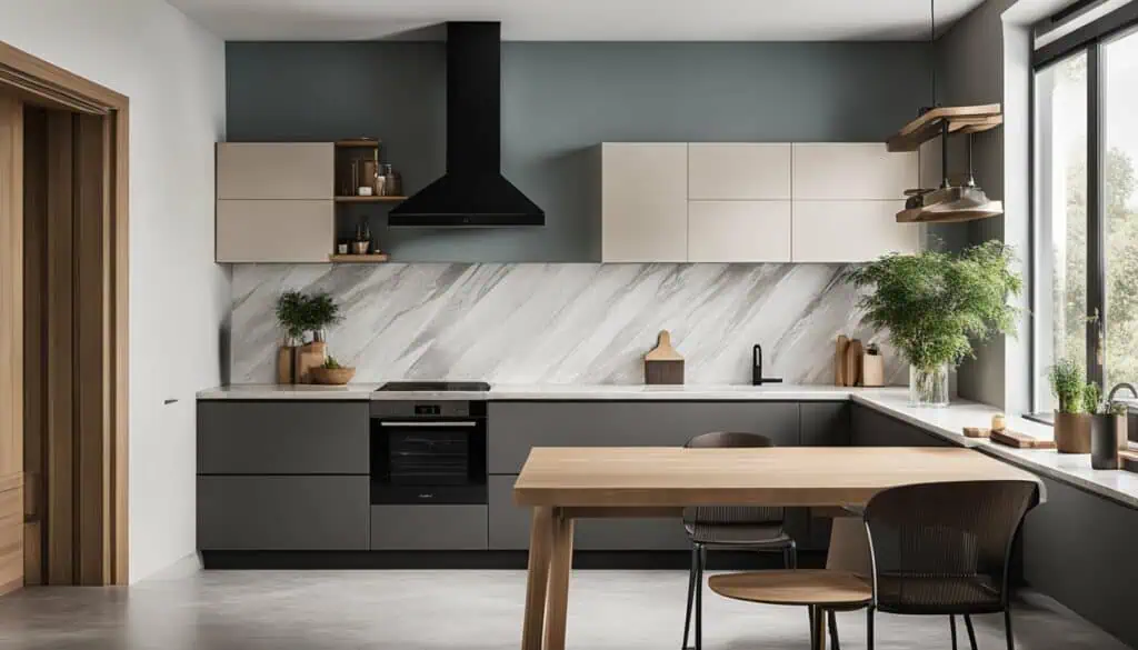 Modern minimalist kitchen with gray and white cabinetry, wooden accents, and large windows for natur.