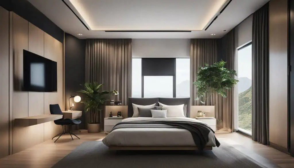 Elegant bedroom with large windows, modern decor, and lush greenery.