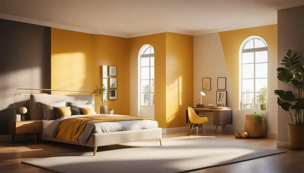 Bright bedroom with yellow wall, large arched windows, and stylish decor.