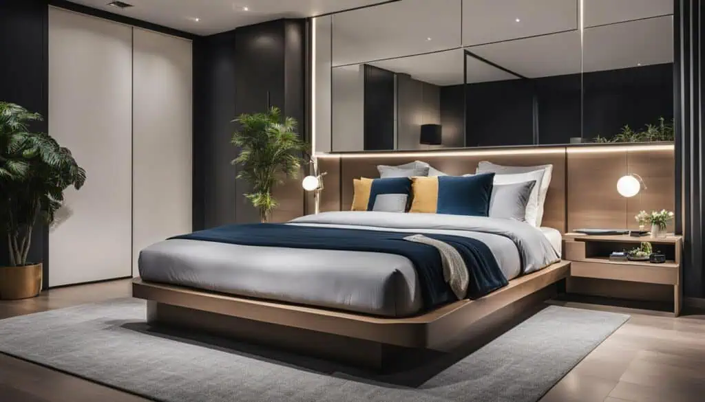 Elegant modern bedroom with stylish decor and cozy lighting.