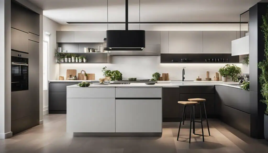 Modern minimalist kitchen with sleek cabinetry, island, and contemporary appliances for stylish livi.