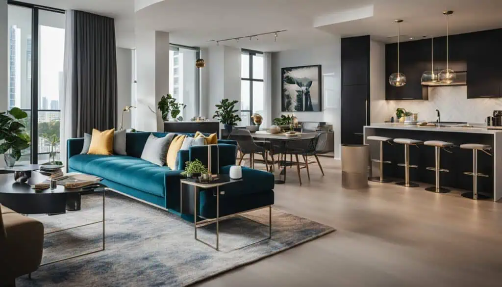 Spacious living area featuring a blue sofa, modern decor, and ample natural light from large windows.