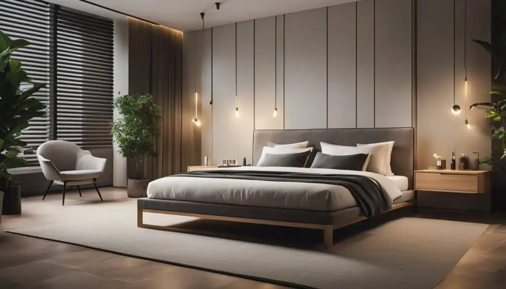 Elegant bedroom featuring contemporary design, cozy ambiance, and stylish furnishings.