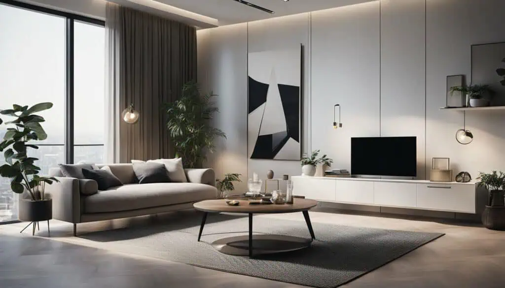 Elegant living room with contemporary furniture, large window, and artistic wall art for a sophistic.
