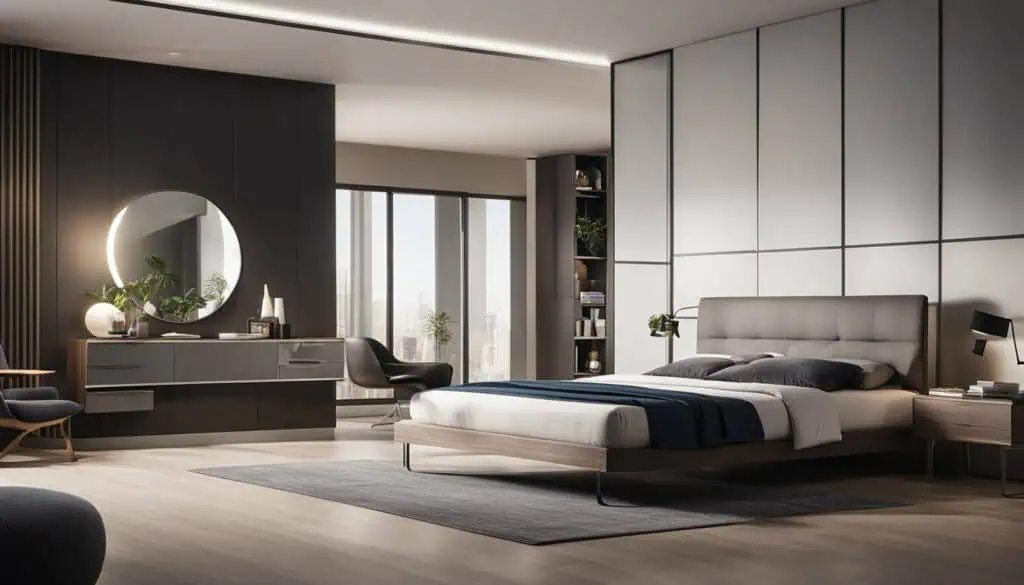 Stylish modern bedroom with sleek furniture and natural light.