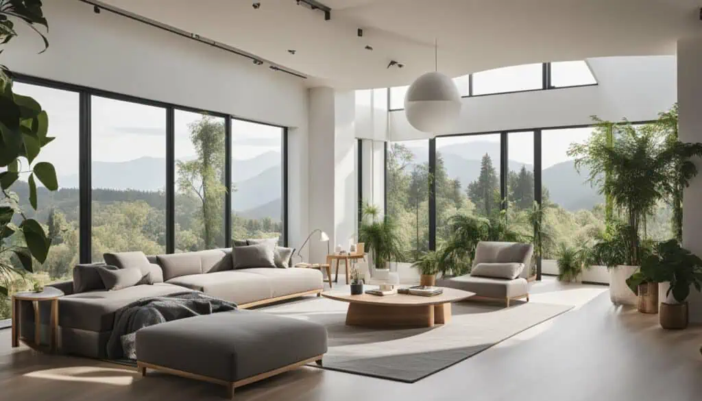 Bright, spacious living room with floor-to-ceiling windows showcasing mountain scenery and lush gree.