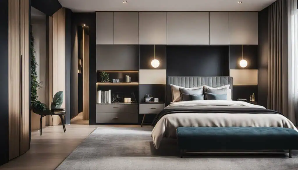 Elegant bedroom interior with contemporary decor and cozy atmosphere.
