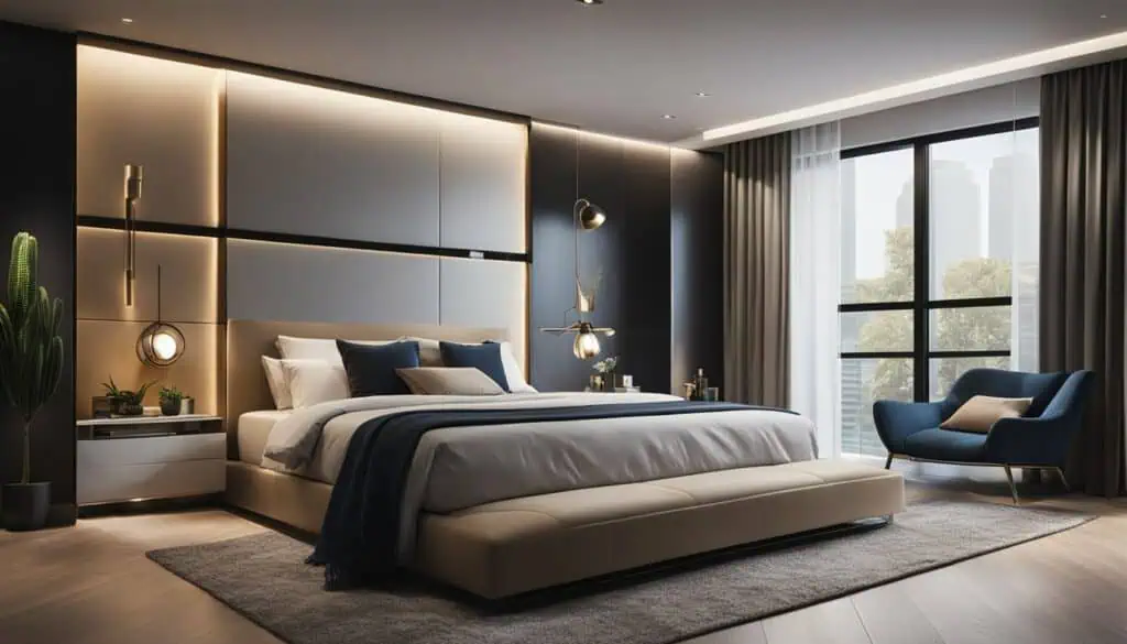 Elegant bedroom with contemporary design, cozy bedding, and natural light from large windows.
