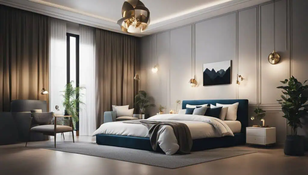 Elegant bedroom with modern decor, large window, and stylish lighting fixtures.