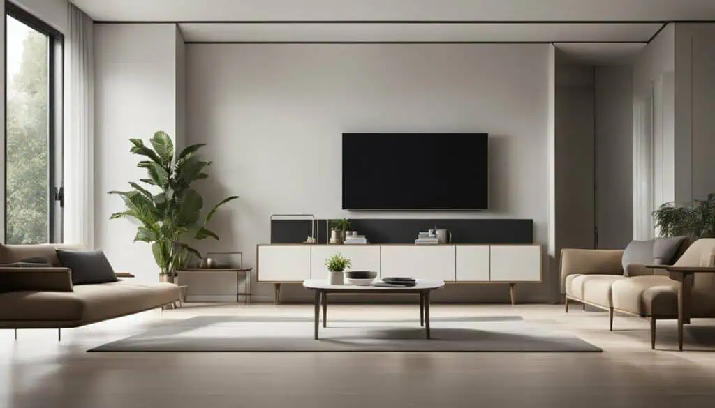 Modern minimalist living room with neutral tones, sleek furniture, and a large flat-screen TV for st.