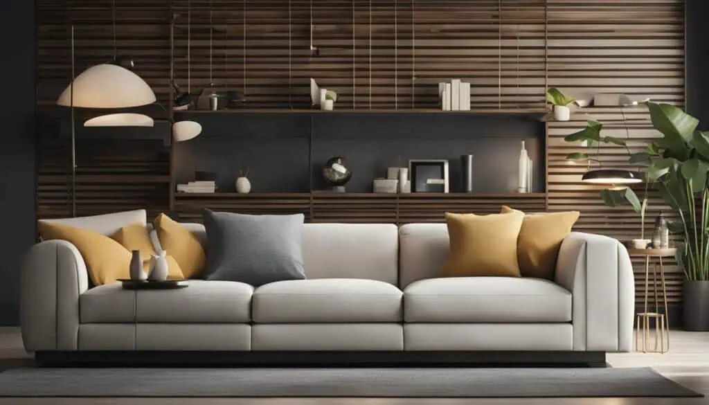 Elegant sofa with neutral tones and colorful cushions in a stylish, contemporary living room setting.