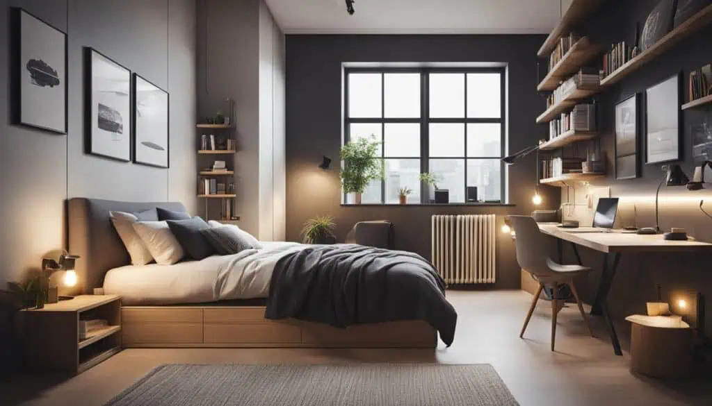 Bright, stylish bedroom with minimalist design, large window, and cozy workspace setup.