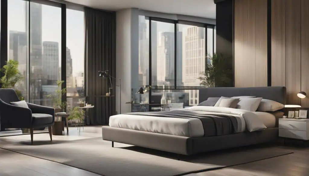 Elegant bedroom featuring large windows with city skyline views and contemporary decor.