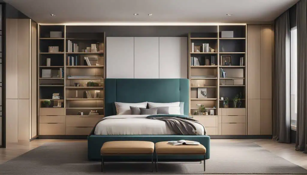 Elegant bedroom featuring custom built-in bookshelves and a plush teal headboard.