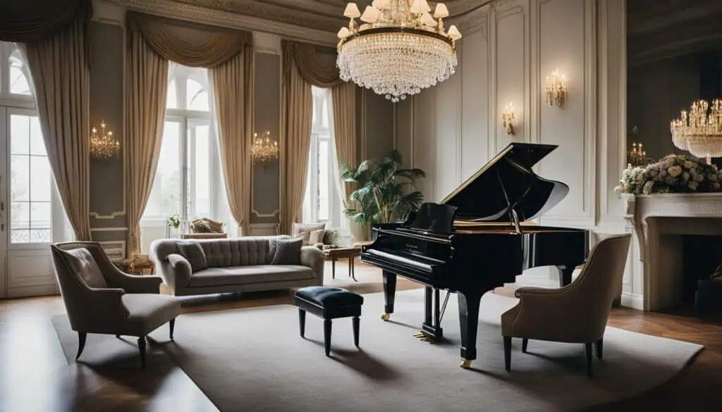 Elegant living room featuring a grand piano, plush seating, and classic decor for a sophisticated am.