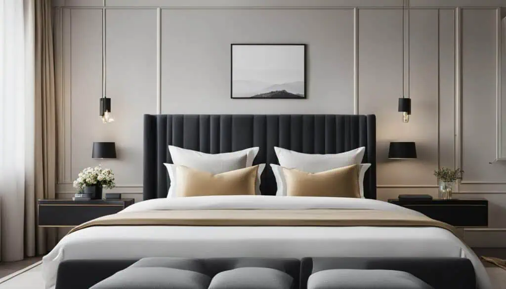 Elegant bedroom with modern decor, plush bedding, and stylish lighting.