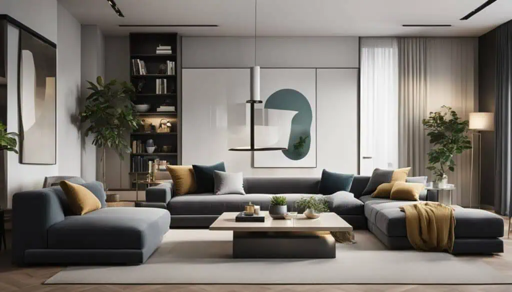 Stylish contemporary living room with modern furniture and decor accents.