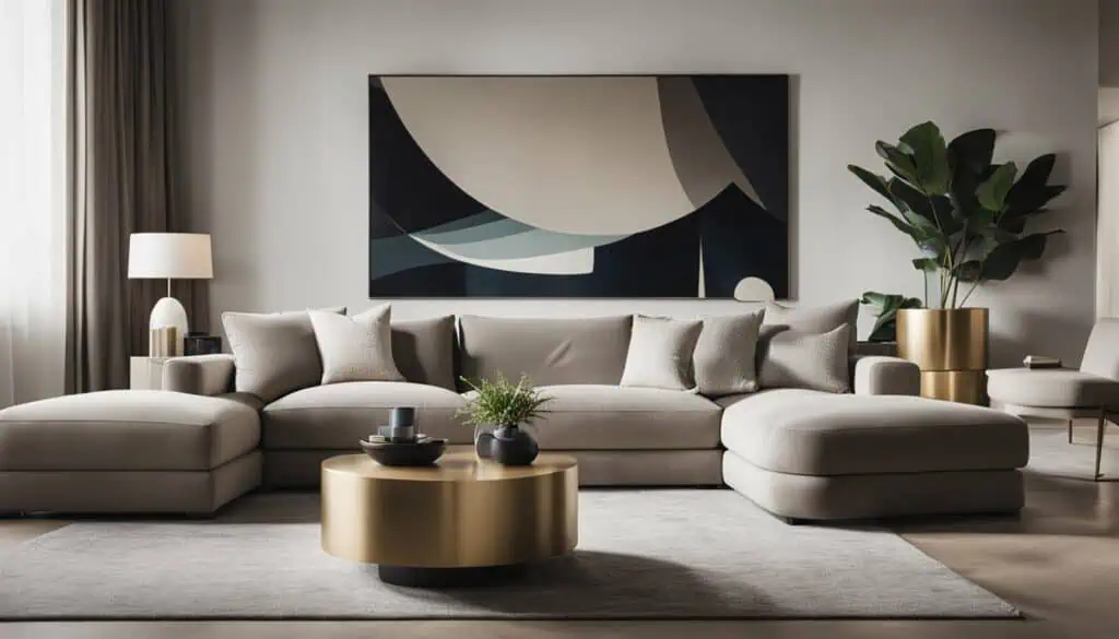 Stylish living room with contemporary sofa and abstract wall art.