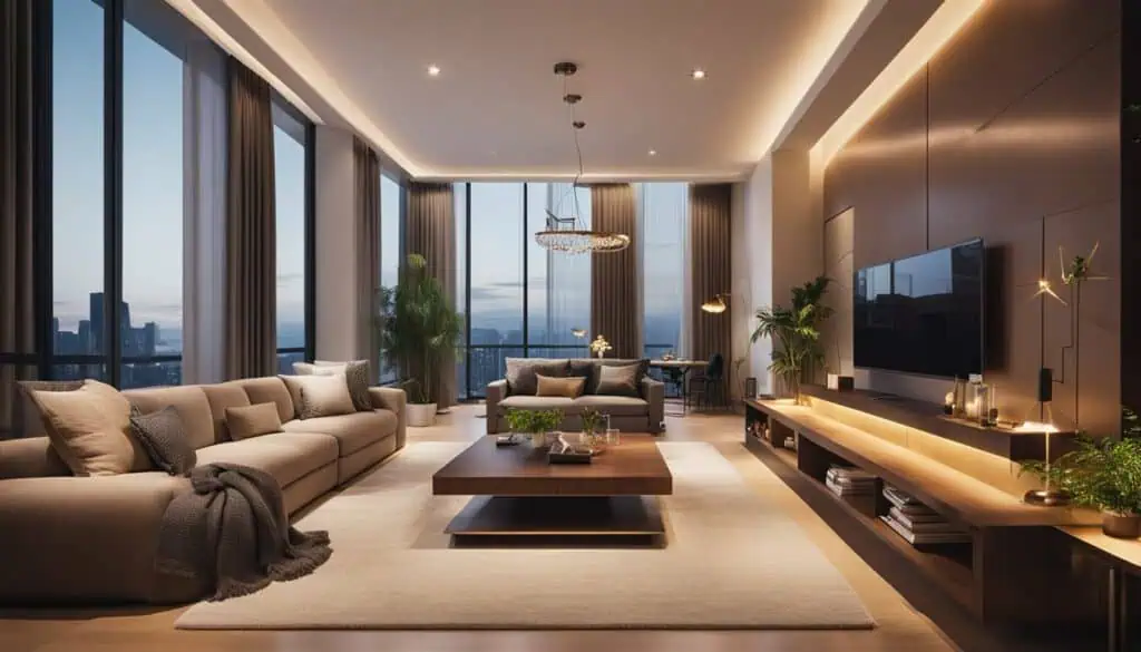 Luxury city view living room with modern furniture and ambient lighting.