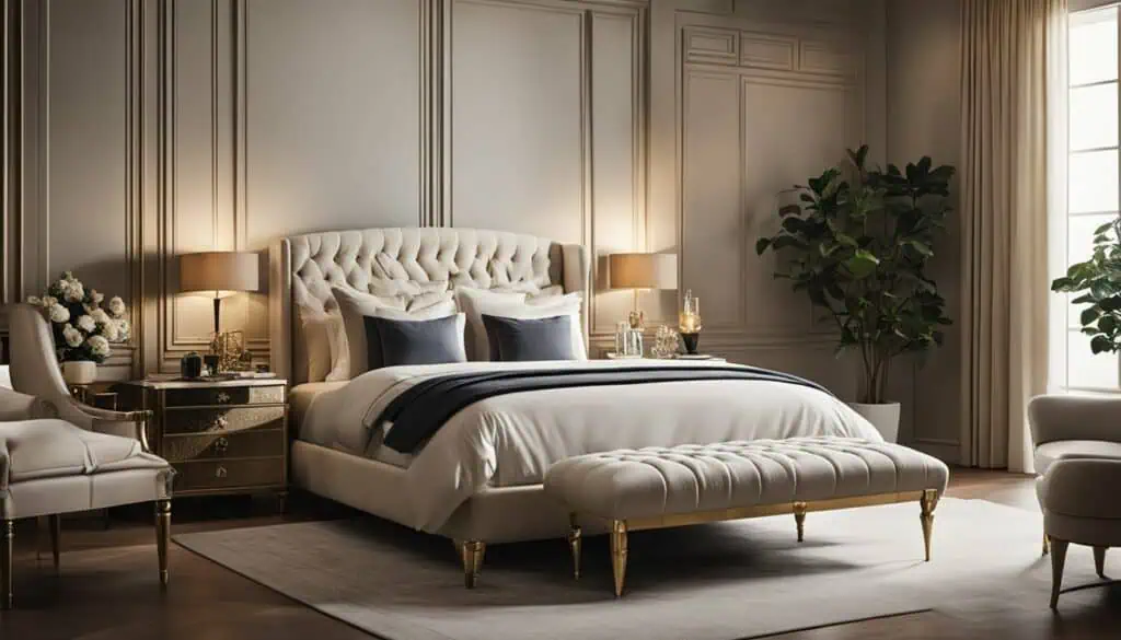 Luxurious bedroom with elegant decor and soft lighting.