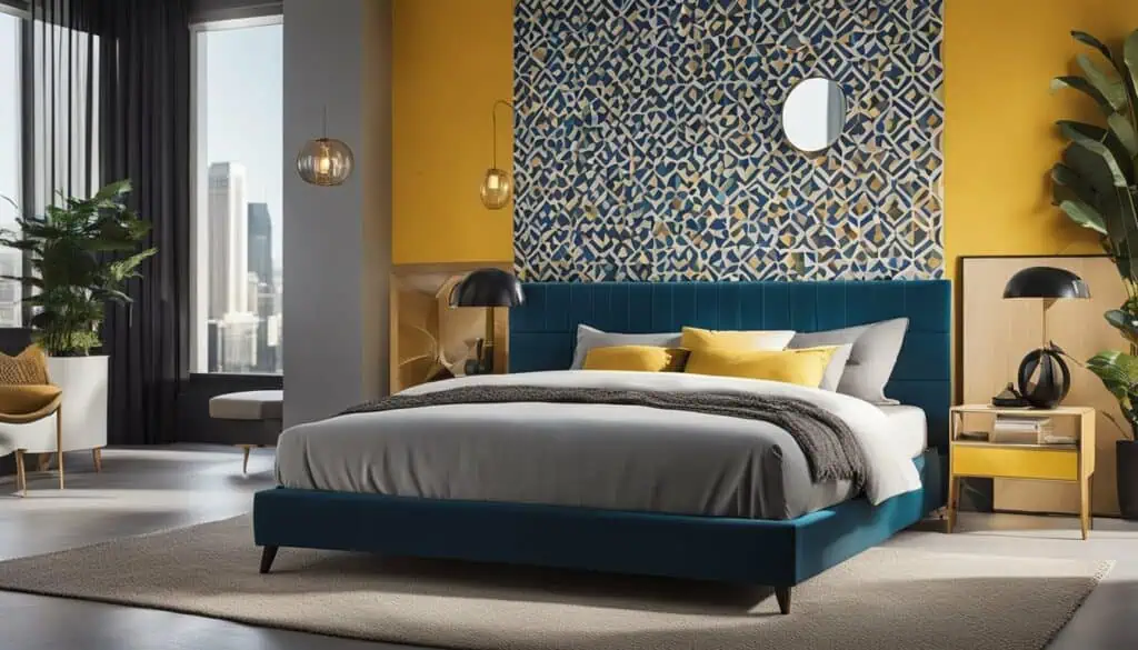 Contemporary bedroom featuring bold yellow walls, blue accents, and elegant lighting fixtures.