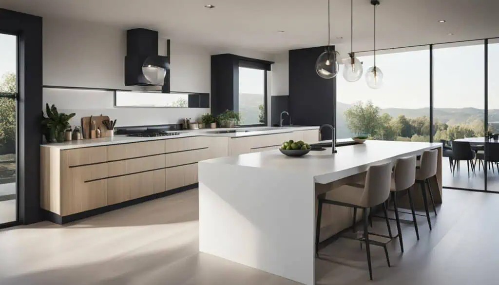 Contemporary kitchen with island and scenic outdoor view.