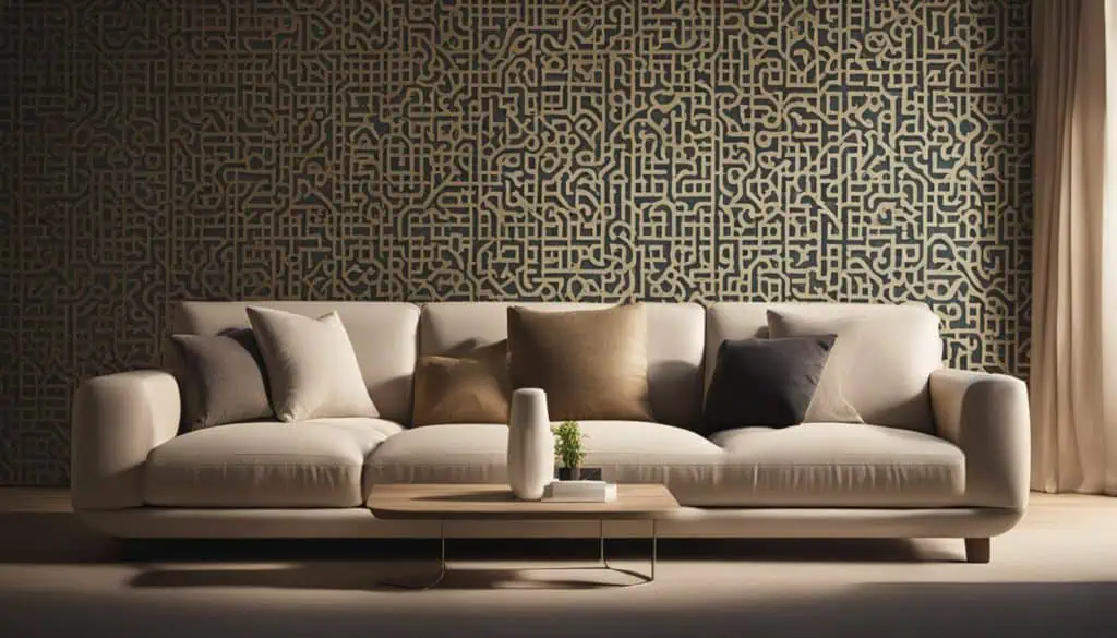 Modern living room sofa with decorative pillows and stylish wall design.