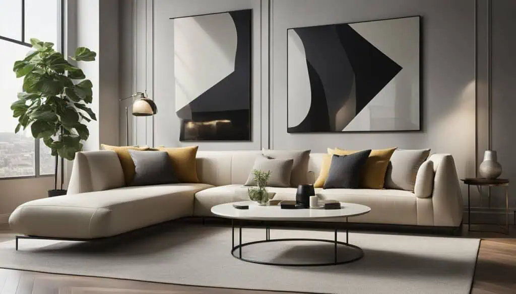 Elegant living room with contemporary abstract wall art and cozy beige sofa.