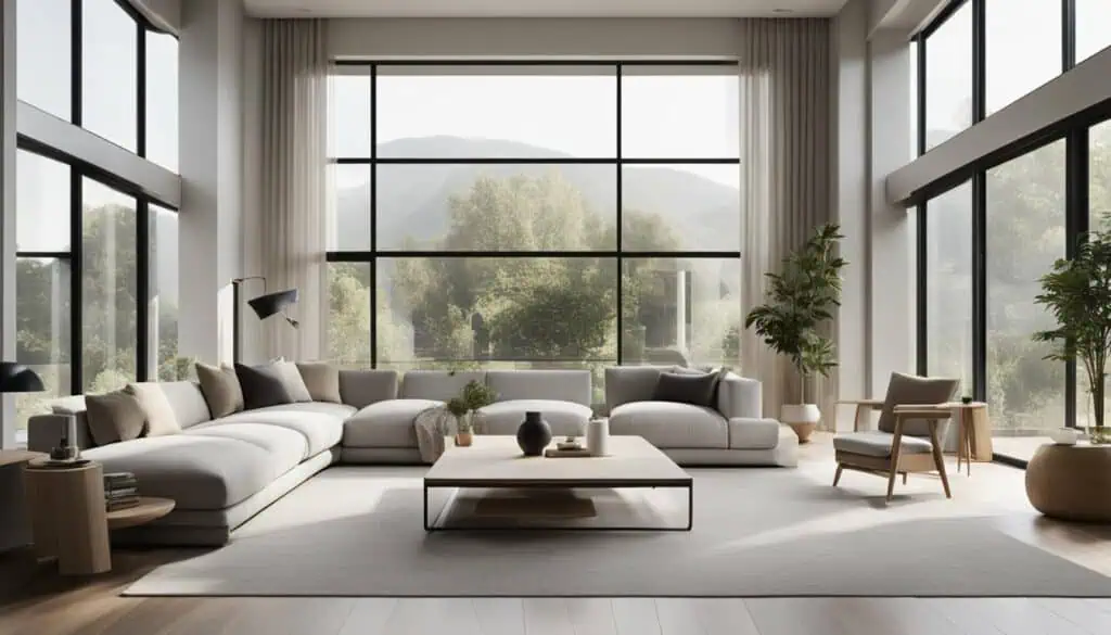 Bright, spacious living room with large windows showcasing scenic mountain views. Elegant furniture.
