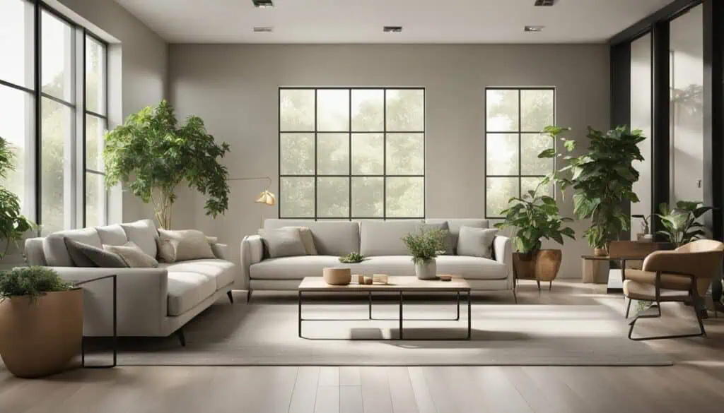 Bright modern living room with large windows and lush indoor plants.