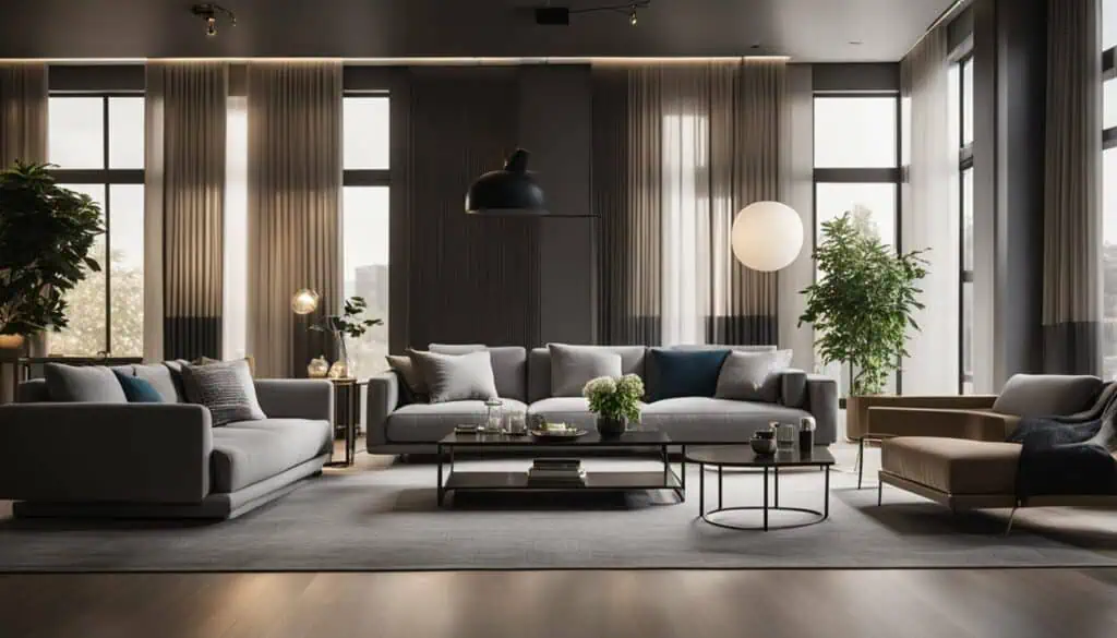 Modern stylish living room with large windows and elegant furniture.