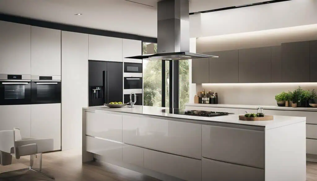 Elegant contemporary kitchen featuring white cabinets, black appliances, and natural light.