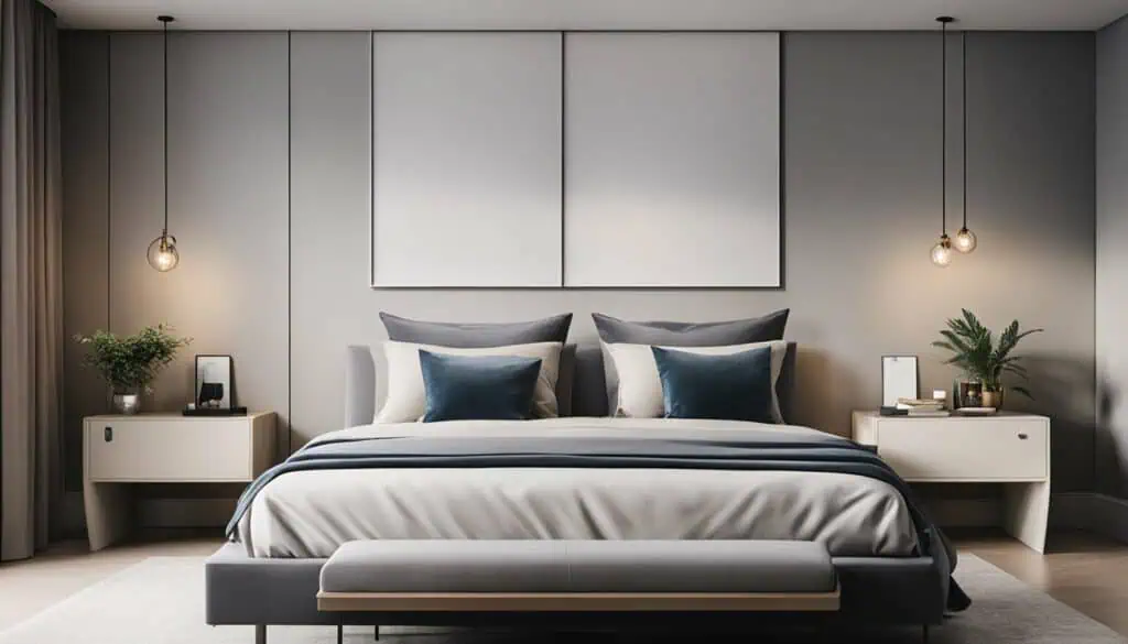 Elegant minimalist bedroom with neutral tones and stylish decor elements.