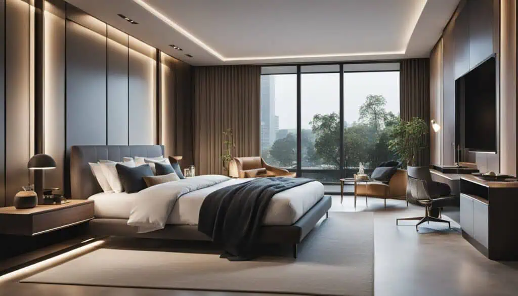 Elegant bedroom featuring contemporary design and large windows overlooking the cityscape.