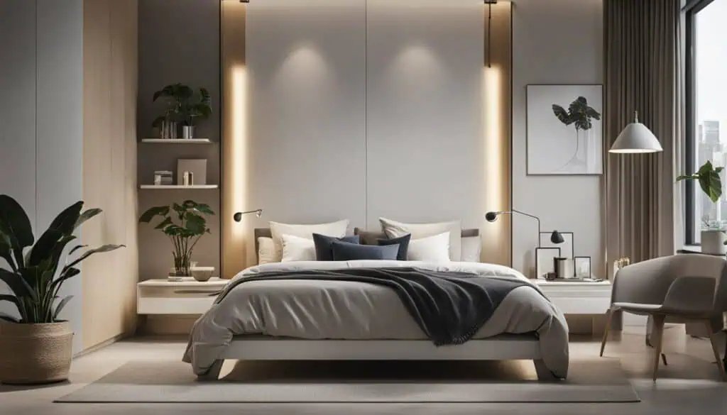 Elegant modern bedroom with minimalist design and cozy ambiance.