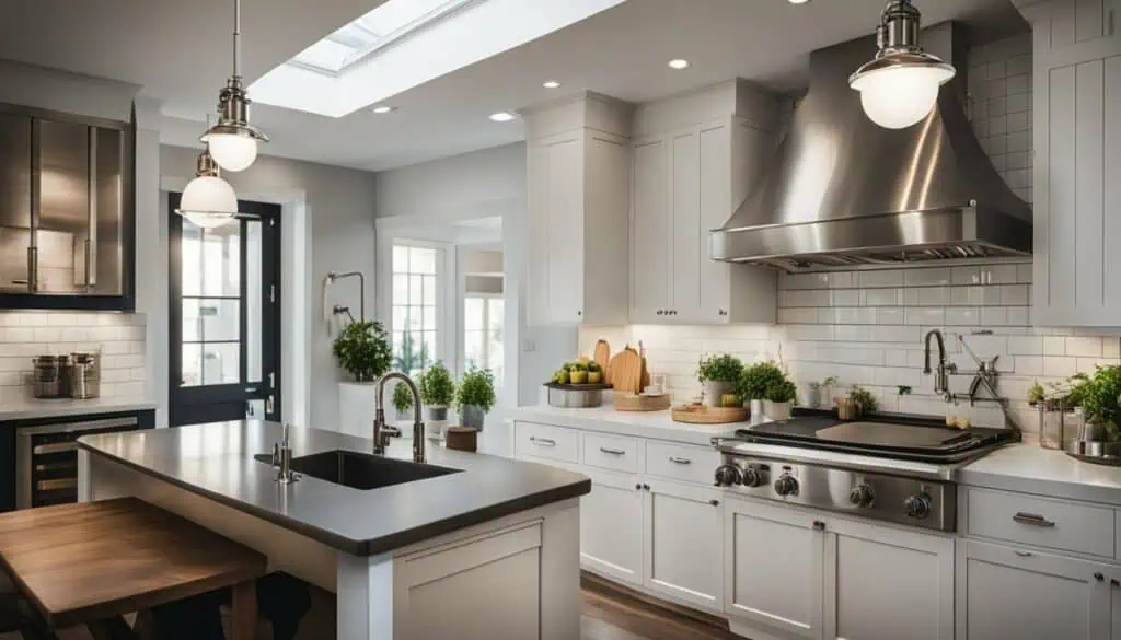 Bright modern kitchen with white cabinets, stainless steel stove, and ample natural light.