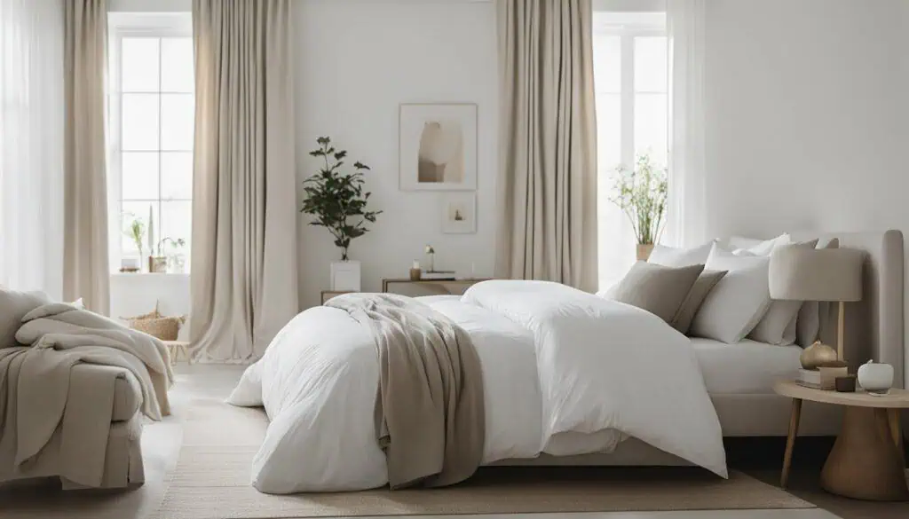 Elegant bedroom with neutral tones and natural light.